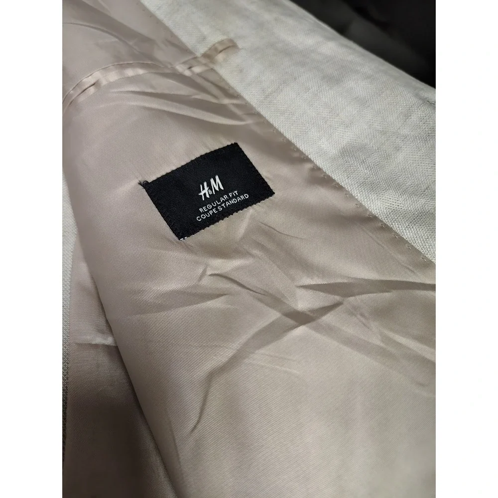 New H&M Slim Fit Linen 2 Button Jacket Blazer Light Beige Size 50Regular